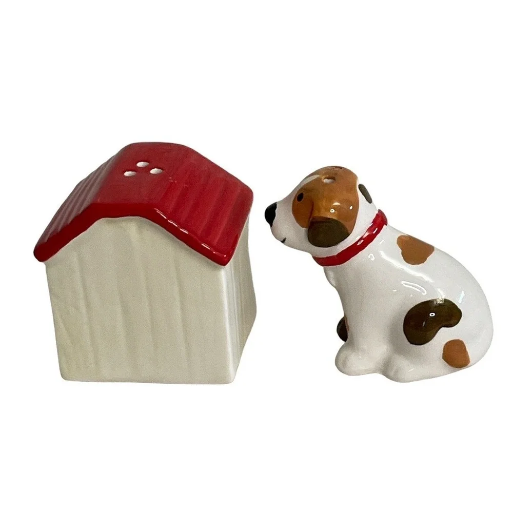 Dog and Doghouse Salt and Pepper Shaker Set Ceramic Brown White Red